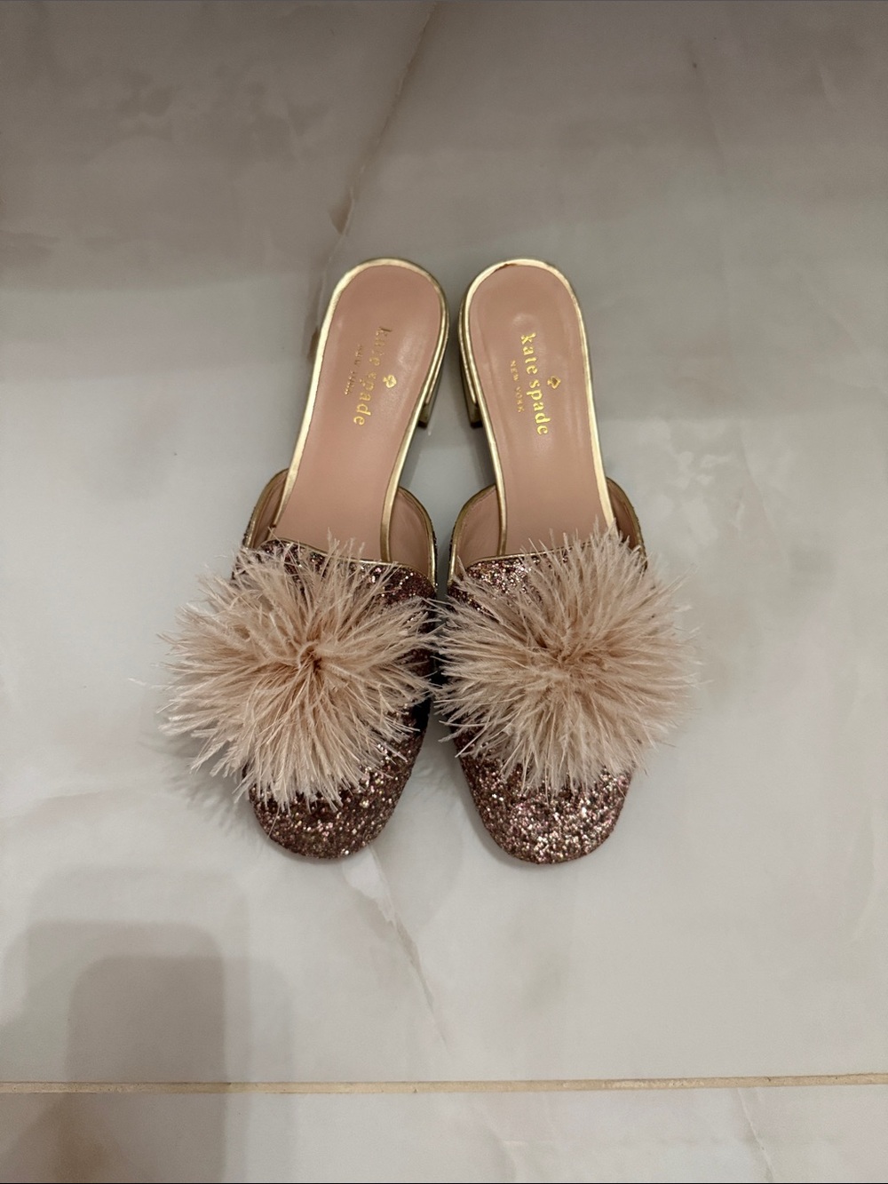 Kate Spade Rose Gold Glitter Pom-Pom Slide Mules